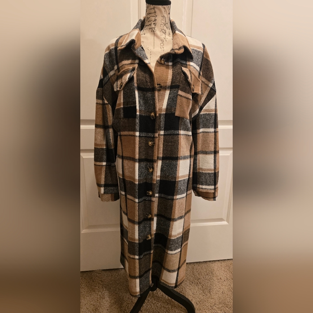 Plaid Sacket Duster Beige, Black & Cream Brushed Flannel Large NWOT - Picture 5 of 8